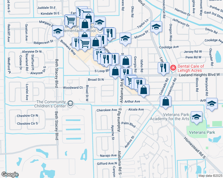 map of restaurants, bars, coffee shops, grocery stores, and more near 24 Westminster Street North in Lehigh Acres