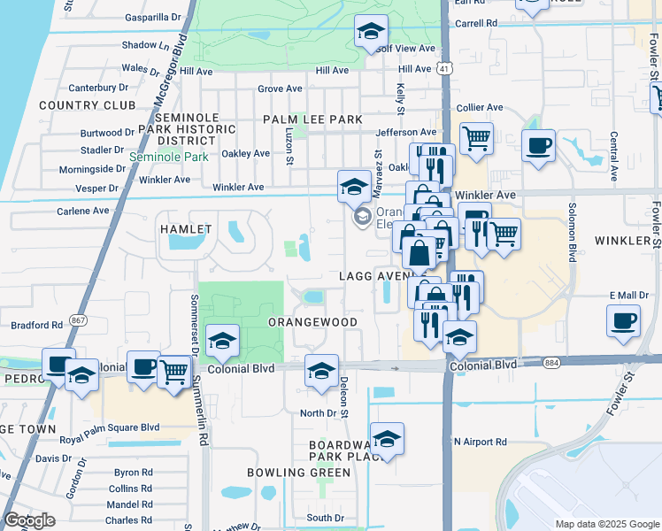 map of restaurants, bars, coffee shops, grocery stores, and more near 1661 Carter Place in Fort Myers