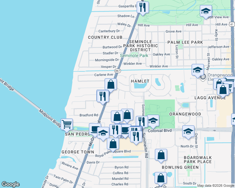 map of restaurants, bars, coffee shops, grocery stores, and more near 1438 Park Shore Circle in Fort Myers