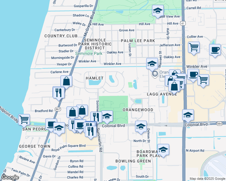 map of restaurants, bars, coffee shops, grocery stores, and more near 1531 McGregor Reserve Drive in Fort Myers