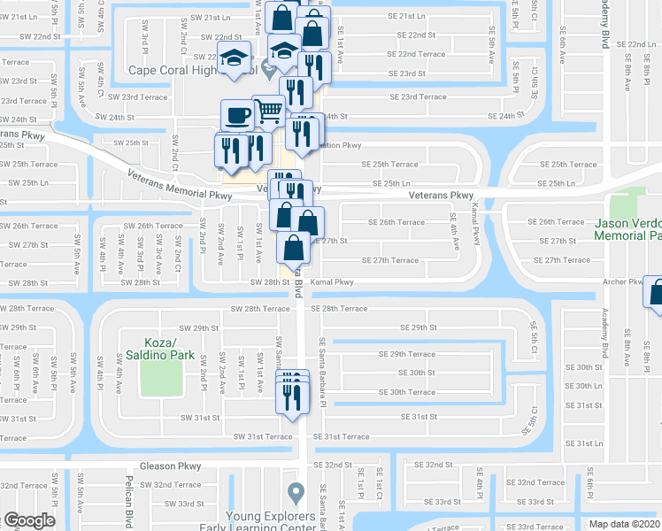 map of restaurants, bars, coffee shops, grocery stores, and more near 2735 Santa Barbara Boulevard in Cape Coral