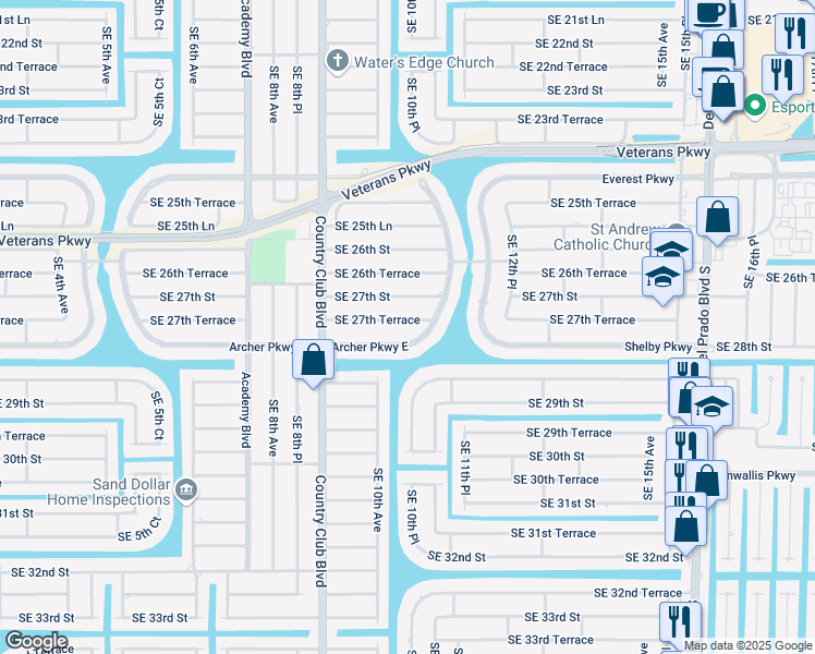 map of restaurants, bars, coffee shops, grocery stores, and more near 1033 Archer Parkway East in Cape Coral
