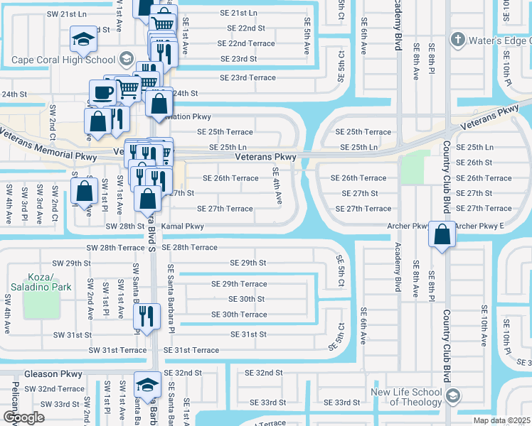map of restaurants, bars, coffee shops, grocery stores, and more near 309 Kamal Parkway in Cape Coral