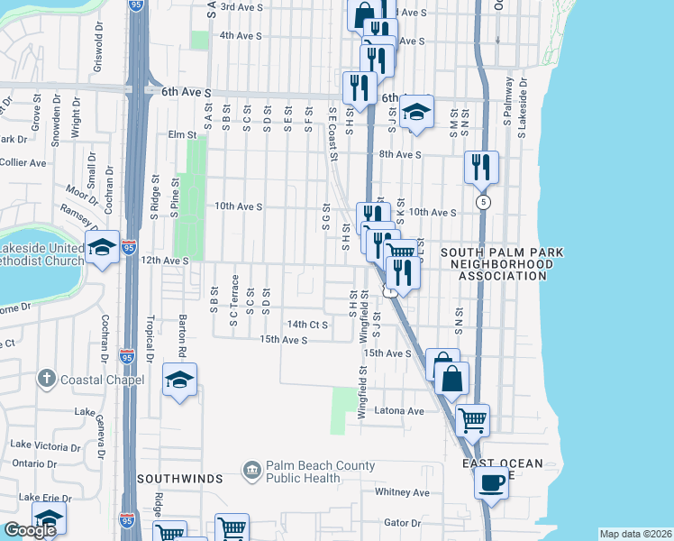 map of restaurants, bars, coffee shops, grocery stores, and more near 1005 12th Avenue South in Lake Worth Beach