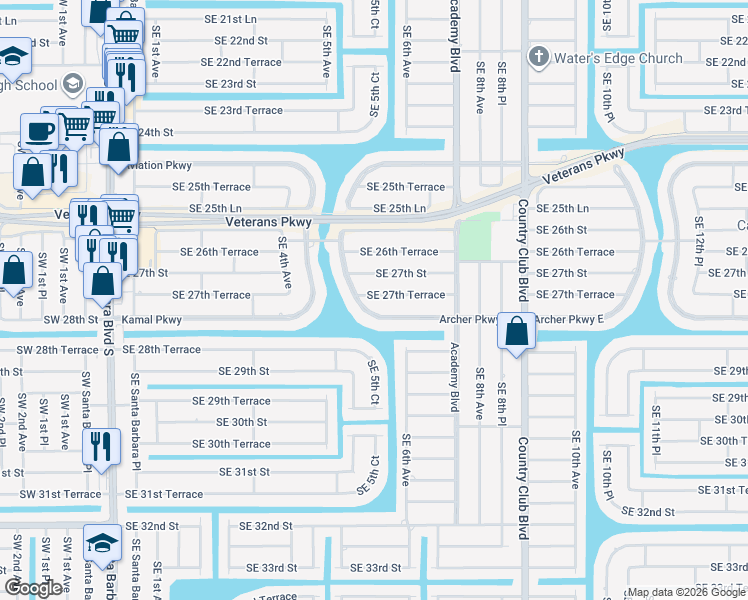 map of restaurants, bars, coffee shops, grocery stores, and more near 509 Archer Parkway West in Cape Coral