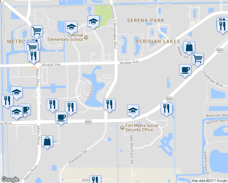 map of restaurants, bars, coffee shops, grocery stores, and more near 4317 Veronica S Shoemaker Boulevard in Fort Myers