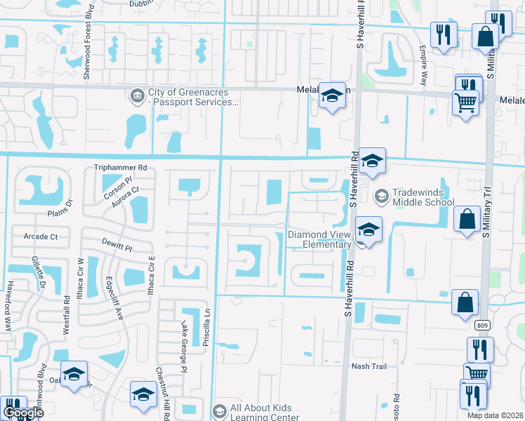 map of restaurants, bars, coffee shops, grocery stores, and more near 5069 Northern Lights Drive in Greenacres