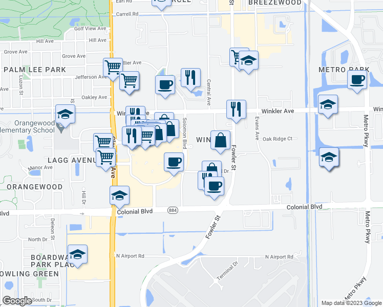 map of restaurants, bars, coffee shops, grocery stores, and more near 4149 Solomon Boulevard in Fort Myers