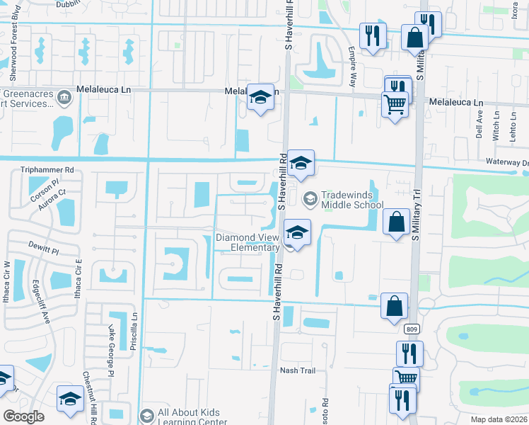 map of restaurants, bars, coffee shops, grocery stores, and more near 5112 Crescent Moon Drive in Greenacres