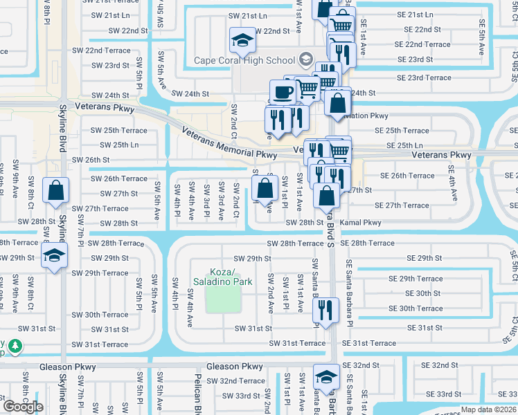 map of restaurants, bars, coffee shops, grocery stores, and more near 2720 Southwest 2nd Place in Cape Coral