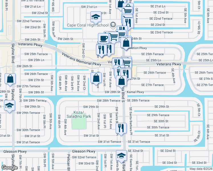 map of restaurants, bars, coffee shops, grocery stores, and more near 2715 Southwest 1st Place in Cape Coral
