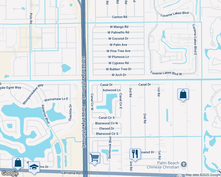 map of restaurants, bars, coffee shops, grocery stores, and more near 7798 Ashwood Lane in Lake Worth