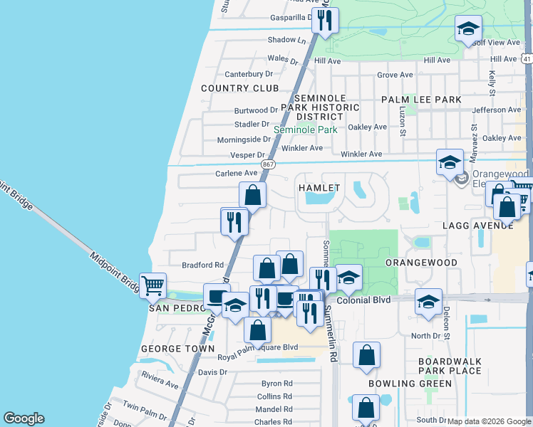 map of restaurants, bars, coffee shops, grocery stores, and more near 1438 Park Shore Circle in Fort Myers