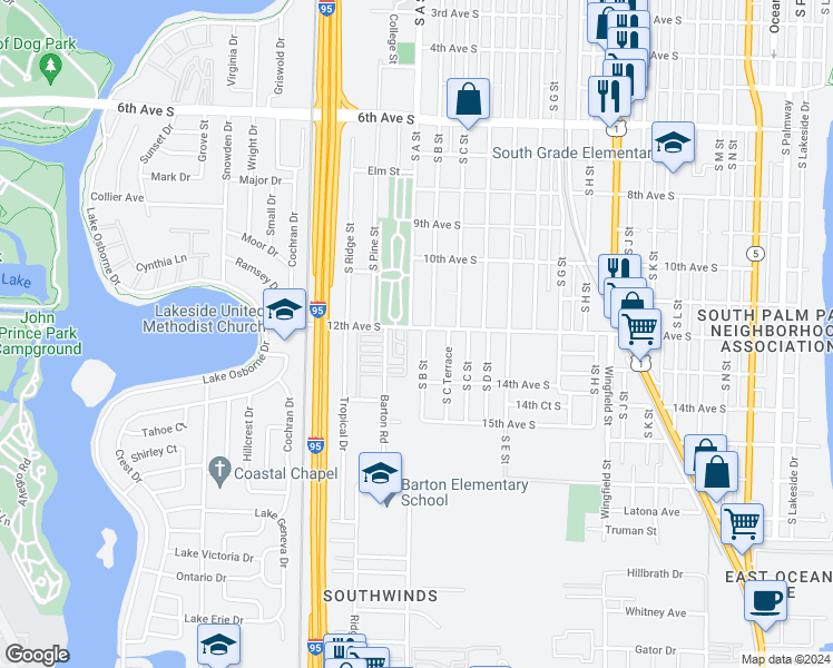 map of restaurants, bars, coffee shops, grocery stores, and more near 1601 12th Avenue South in Lake Worth