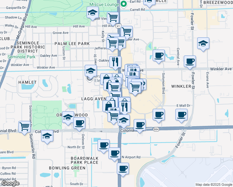 map of restaurants, bars, coffee shops, grocery stores, and more near 4224 Cleveland Avenue in Fort Myers