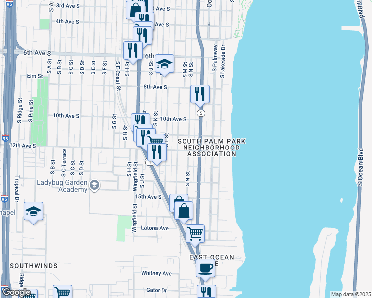 map of restaurants, bars, coffee shops, grocery stores, and more near 1205 South N Street in Lake Worth