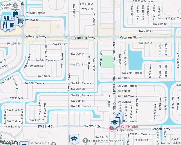 map of restaurants, bars, coffee shops, grocery stores, and more near 2728 Southwest 17th Place in Cape Coral