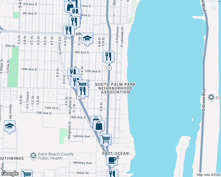 map of restaurants, bars, coffee shops, grocery stores, and more near in Lake Worth Beach