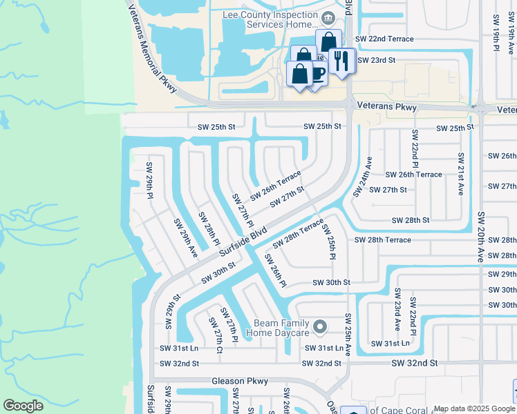 map of restaurants, bars, coffee shops, grocery stores, and more near 2702 Southwest 27th Street in Cape Coral
