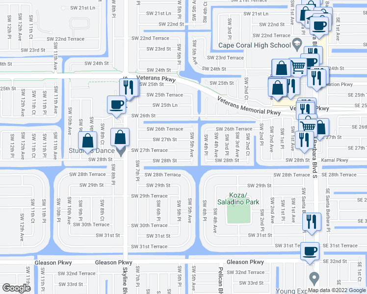 map of restaurants, bars, coffee shops, grocery stores, and more near 509 Southwest 27th Terrace in Cape Coral