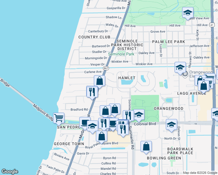 map of restaurants, bars, coffee shops, grocery stores, and more near 1450 Park Shore Circle in Fort Myers