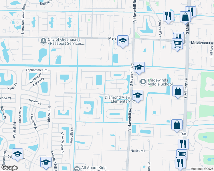 map of restaurants, bars, coffee shops, grocery stores, and more near 5200 Rising Comet Lane in Greenacres