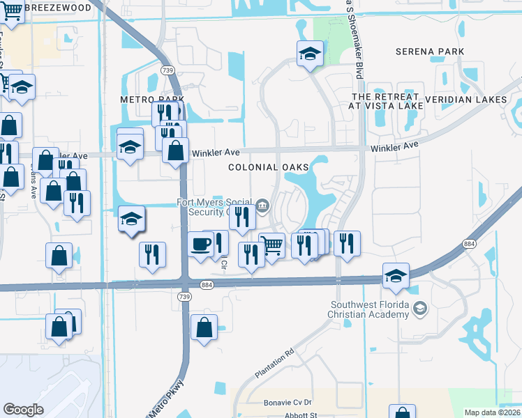 map of restaurants, bars, coffee shops, grocery stores, and more near 4220 Executive Circle in Fort Myers