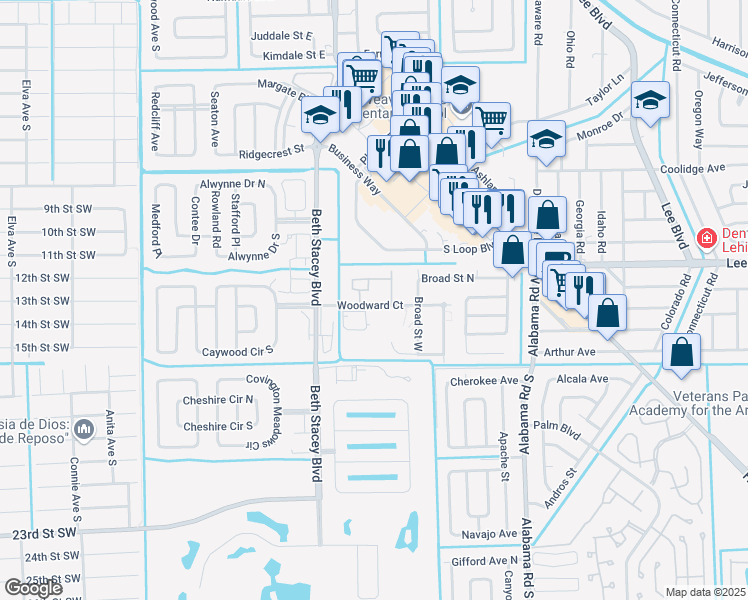 map of restaurants, bars, coffee shops, grocery stores, and more near 11 Woodward Court in Lehigh Acres
