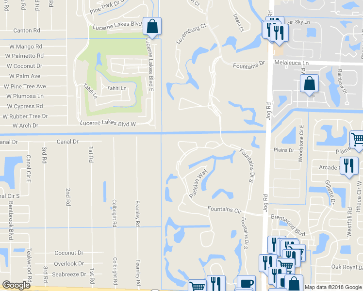 map of restaurants, bars, coffee shops, grocery stores, and more near 6845 Fountains Circle in Lake Worth