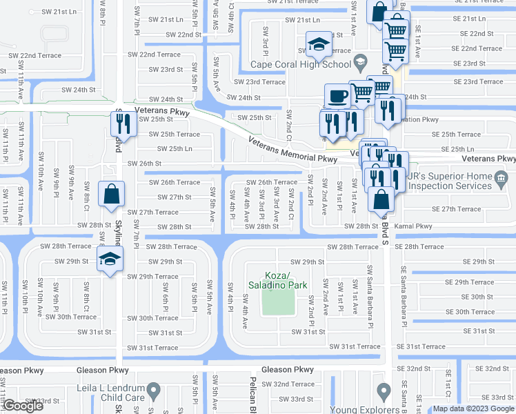 map of restaurants, bars, coffee shops, grocery stores, and more near 2710 Southwest 3rd Place in Cape Coral