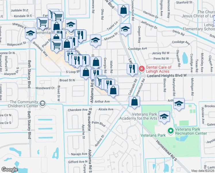 map of restaurants, bars, coffee shops, grocery stores, and more near 24 Homestead Road North in Lehigh Acres