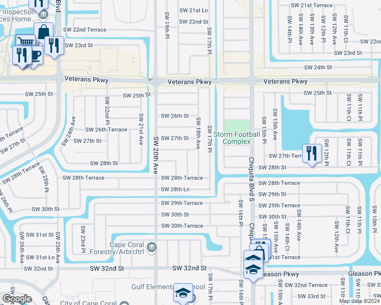map of restaurants, bars, coffee shops, grocery stores, and more near 2717 Southwest 18th Place in Cape Coral