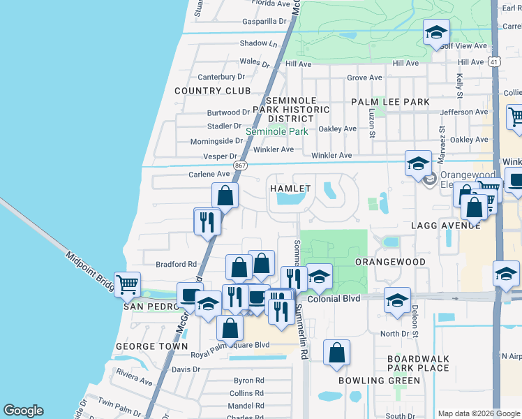 map of restaurants, bars, coffee shops, grocery stores, and more near 1450 Park Shore Circle in Fort Myers