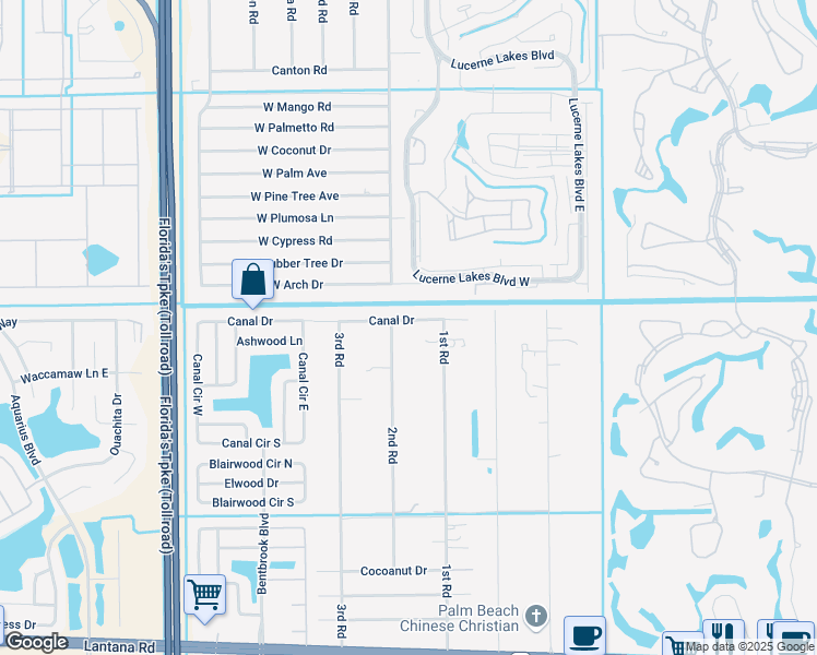map of restaurants, bars, coffee shops, grocery stores, and more near 7456 Canal Drive in Lake Worth