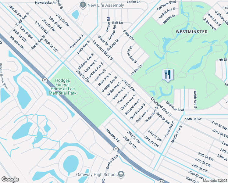 map of restaurants, bars, coffee shops, grocery stores, and more near 2437 Millie Avenue South in Lehigh Acres