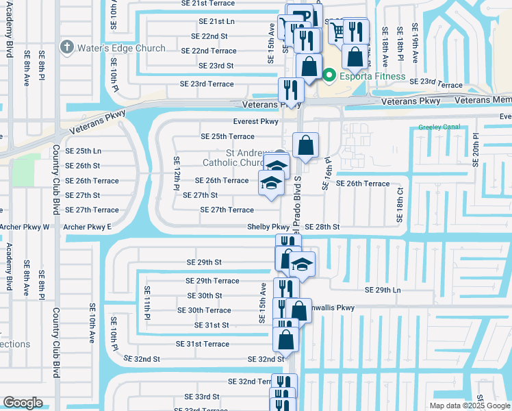 map of restaurants, bars, coffee shops, grocery stores, and more near 1423 Southeast 27th Terrace in Cape Coral