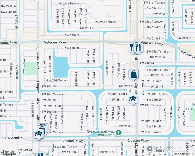 map of restaurants, bars, coffee shops, grocery stores, and more near 2733 Southwest 11th Place in Cape Coral