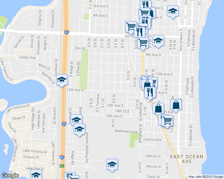 map of restaurants, bars, coffee shops, grocery stores, and more near 1214 South D Street in Lake Worth