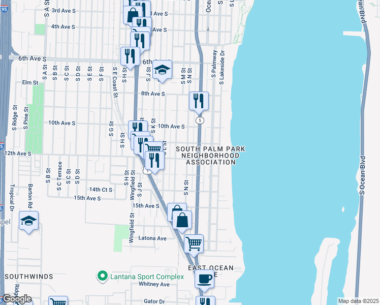 map of restaurants, bars, coffee shops, grocery stores, and more near 1205 South N Street in Lake Worth