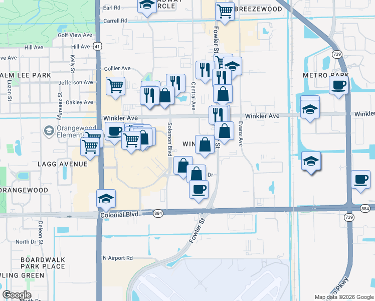 map of restaurants, bars, coffee shops, grocery stores, and more near 4121 Residence Drive in Fort Myers