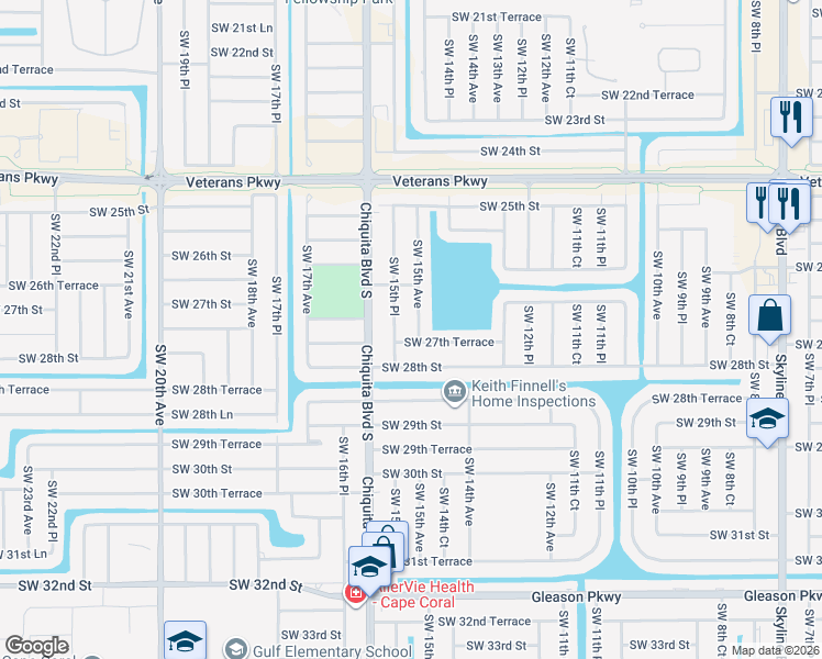 map of restaurants, bars, coffee shops, grocery stores, and more near 2613 Southwest 15th Avenue in Cape Coral