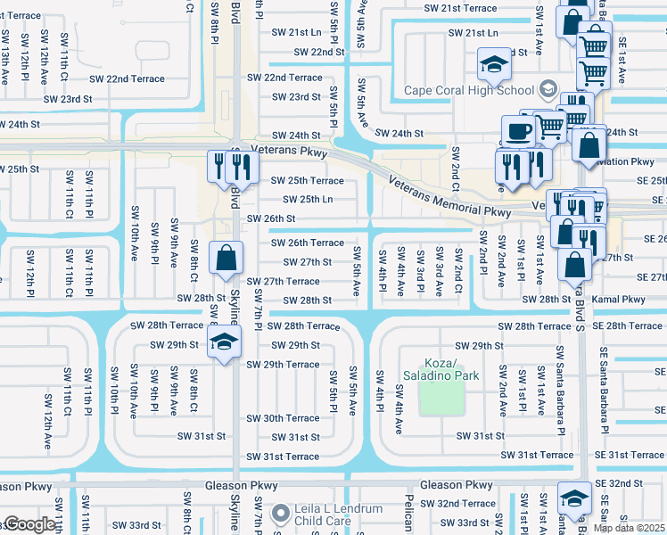 map of restaurants, bars, coffee shops, grocery stores, and more near 506 Southwest 26th Terrace in Cape Coral