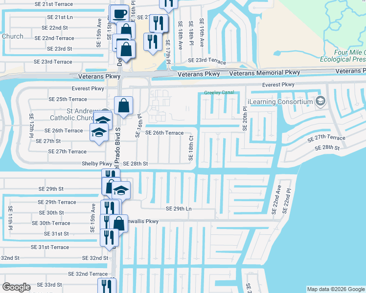 map of restaurants, bars, coffee shops, grocery stores, and more near 2624 Southeast 18th Place in Cape Coral
