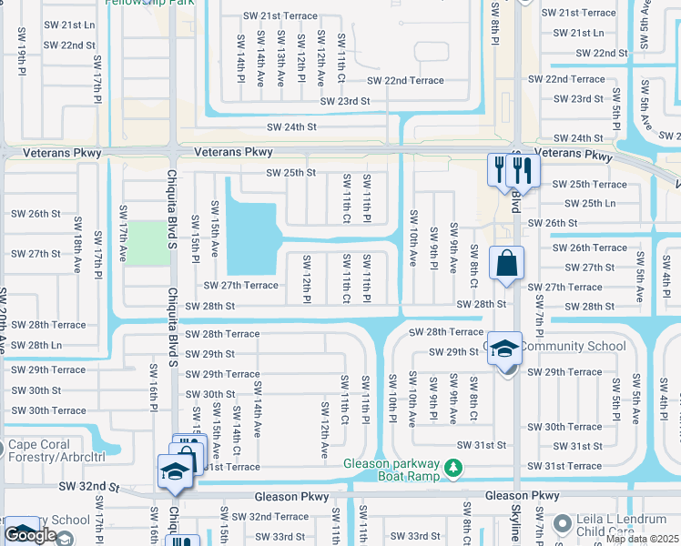 map of restaurants, bars, coffee shops, grocery stores, and more near 2704 Southwest 11th Court in Cape Coral