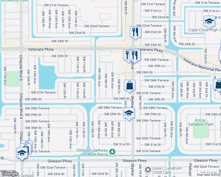 map of restaurants, bars, coffee shops, grocery stores, and more near 2625 Southwest 9th Place in Cape Coral