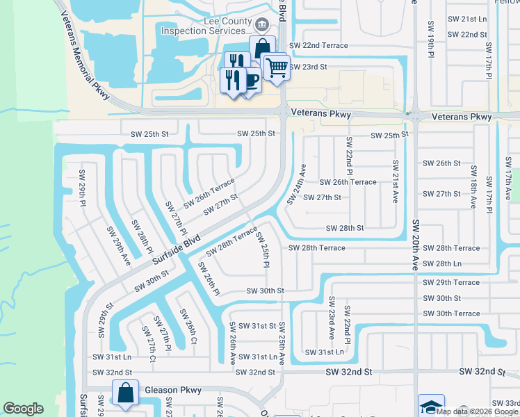 map of restaurants, bars, coffee shops, grocery stores, and more near 2569 Surfside Boulevard in Cape Coral