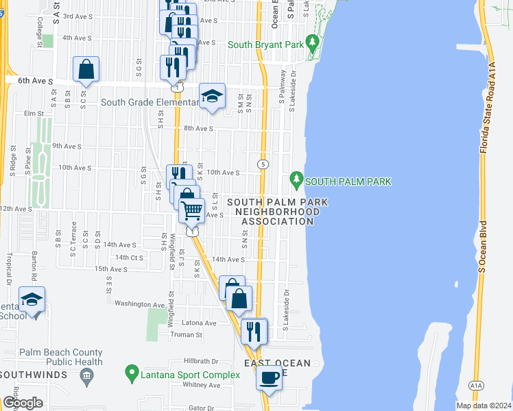 map of restaurants, bars, coffee shops, grocery stores, and more near 1115 South Federal Highway in Lake Worth
