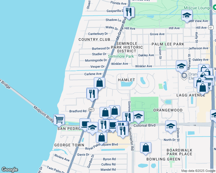 map of restaurants, bars, coffee shops, grocery stores, and more near 4195 McGregor Boulevard in Fort Myers