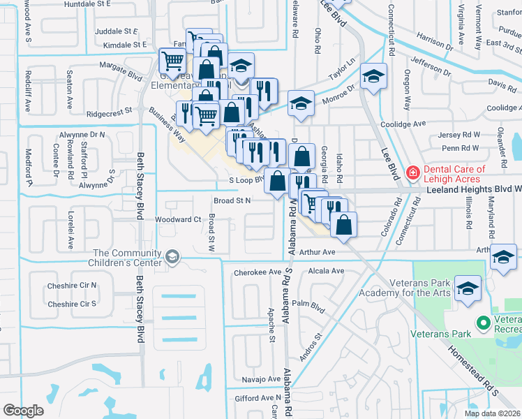 map of restaurants, bars, coffee shops, grocery stores, and more near 1111 Vineyard Street in Lehigh Acres