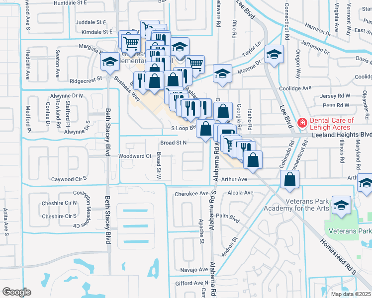 map of restaurants, bars, coffee shops, grocery stores, and more near 1121 Vineyard Street in Lehigh Acres